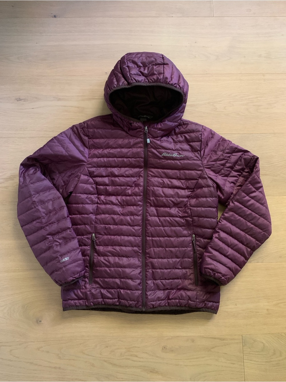 NWOT Eddie Bauer Microlight 650 Down Jacket Women S Purple Hooded Puffer Winter